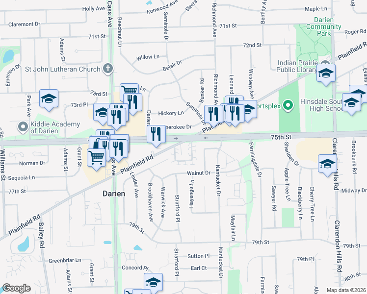 map of restaurants, bars, coffee shops, grocery stores, and more near 913 Plainfield Road in Darien