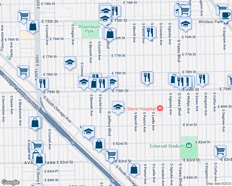 map of restaurants, bars, coffee shops, grocery stores, and more near 2015 East 79th Street in Chicago