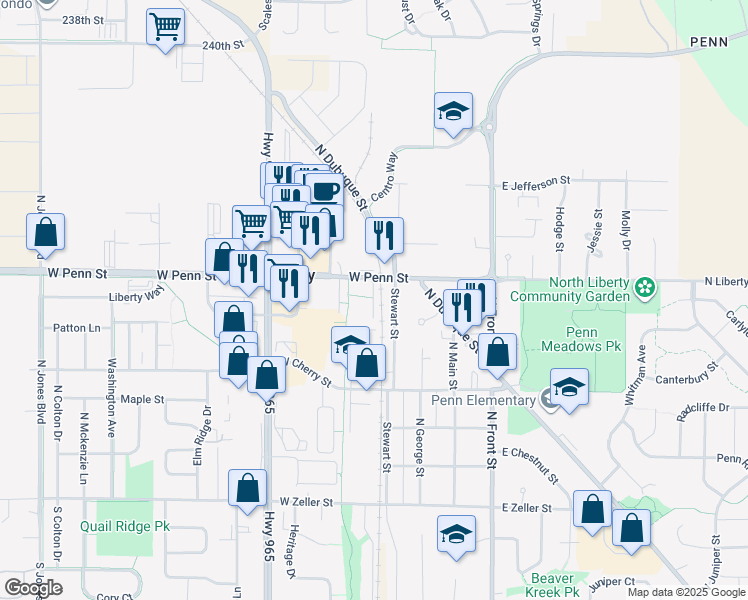 map of restaurants, bars, coffee shops, grocery stores, and more near 10 Village Drive in North Liberty