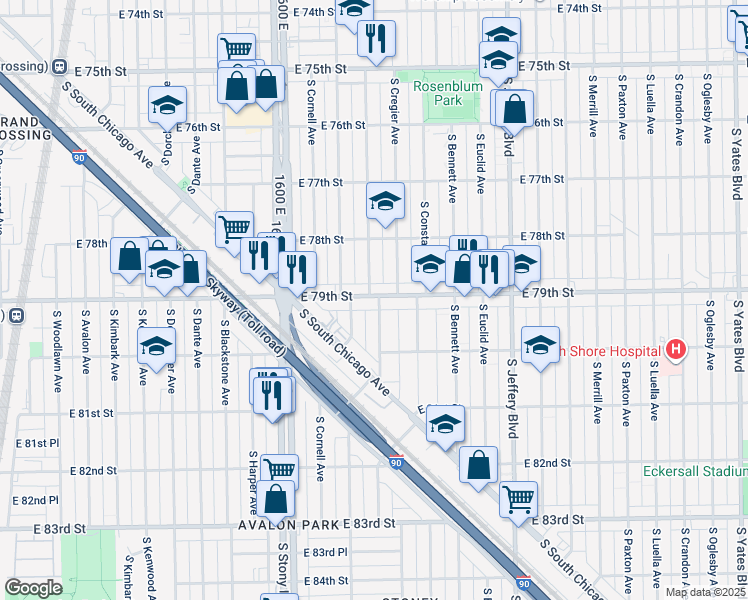 map of restaurants, bars, coffee shops, grocery stores, and more near 1723 East 79th Street in Chicago