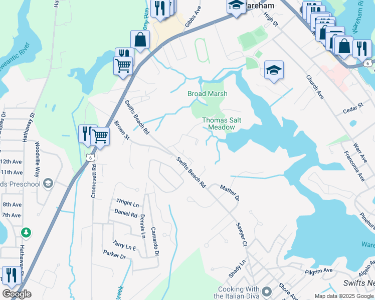 map of restaurants, bars, coffee shops, grocery stores, and more near 48 Swifts Beach Road in Wareham