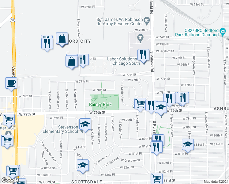map of restaurants, bars, coffee shops, grocery stores, and more near 4215 West 78th Street in Chicago