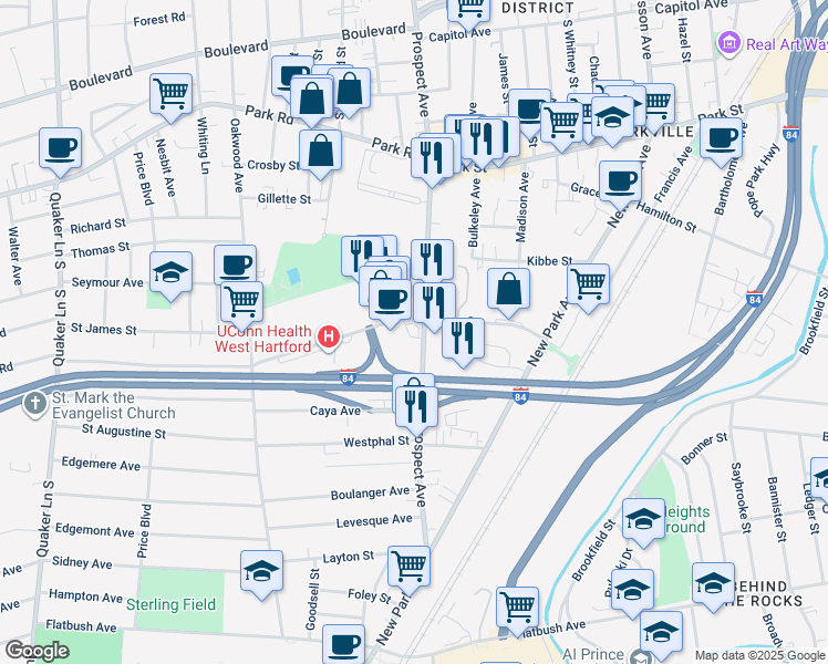 map of restaurants, bars, coffee shops, grocery stores, and more near 195 Prospect Avenue in Hartford