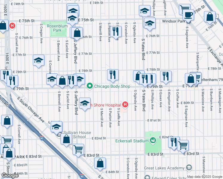 map of restaurants, bars, coffee shops, grocery stores, and more near 7901 South Paxton Avenue in Chicago