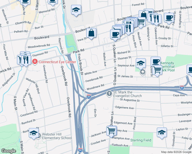 map of restaurants, bars, coffee shops, grocery stores, and more near 67 Fennbrook Road in West Hartford