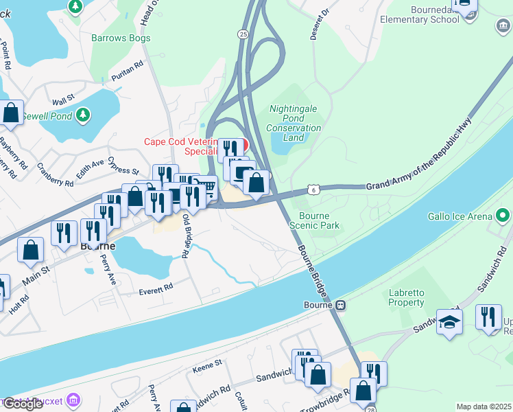 map of restaurants, bars, coffee shops, grocery stores, and more near 340 Main Street in Bourne