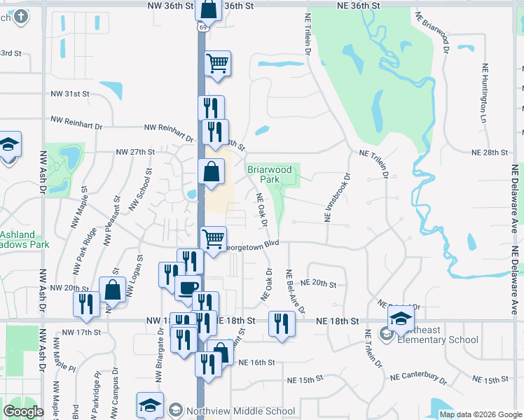 map of restaurants, bars, coffee shops, grocery stores, and more near 2402 Northeast Oak Drive in Ankeny