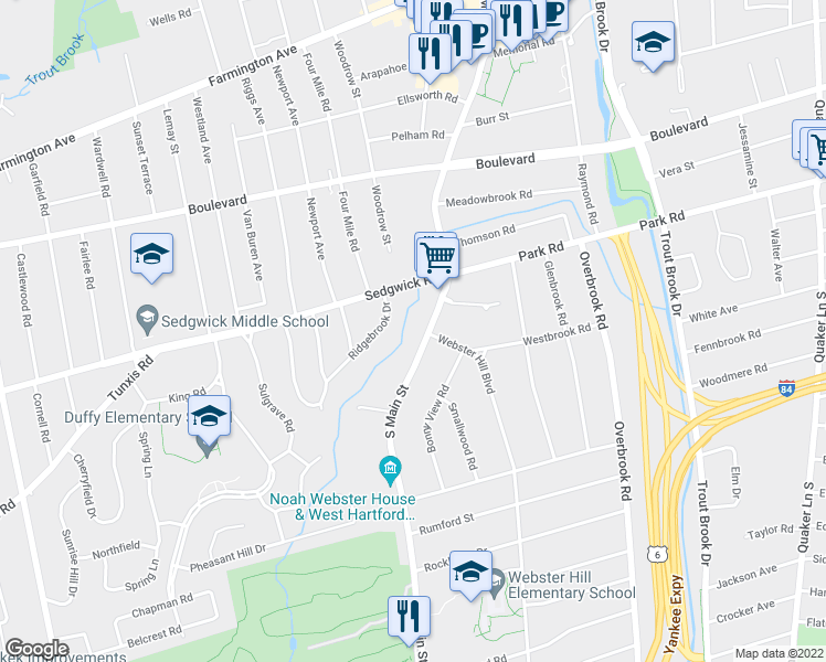 map of restaurants, bars, coffee shops, grocery stores, and more near 167 South Main Street in West Hartford