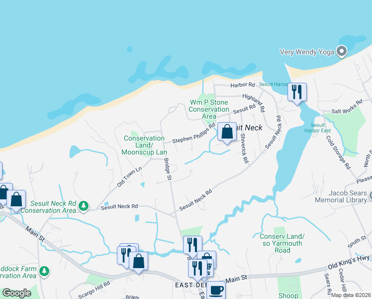map of restaurants, bars, coffee shops, grocery stores, and more near 13 Joyce Circle in Dennis