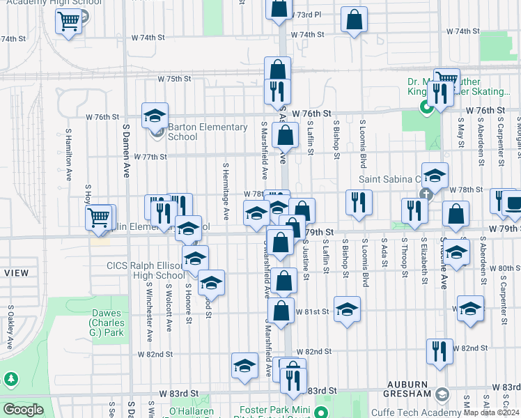 map of restaurants, bars, coffee shops, grocery stores, and more near 7837 South Marshfield Avenue in Chicago