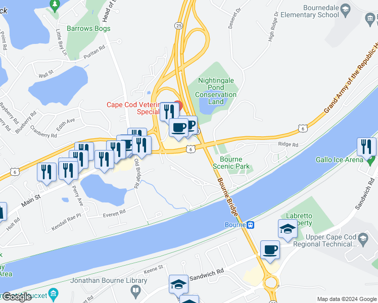 map of restaurants, bars, coffee shops, grocery stores, and more near 340 Scenic Highway in Bourne