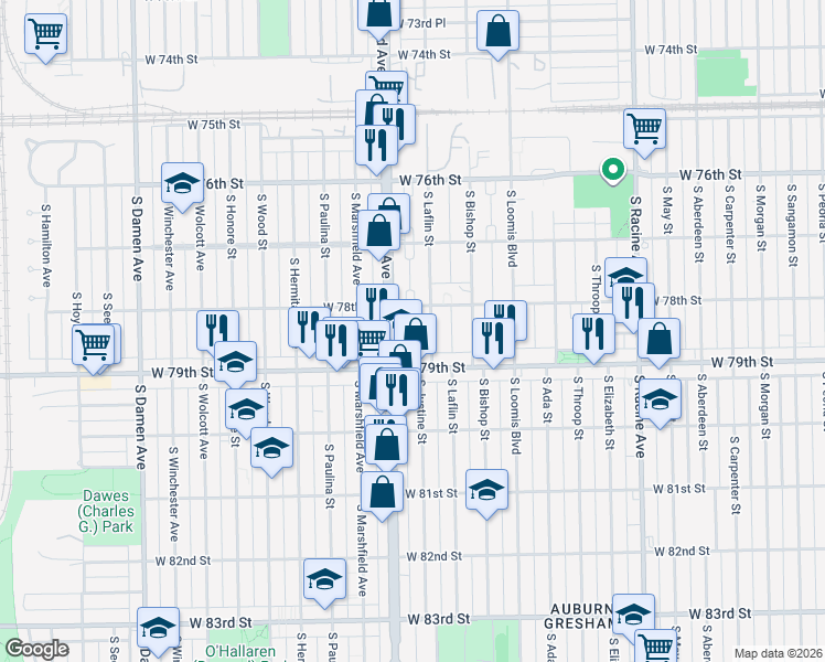 map of restaurants, bars, coffee shops, grocery stores, and more near 7822 South Laflin Street in Chicago