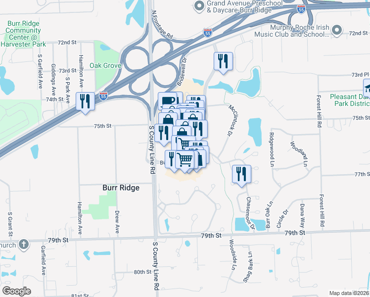 map of restaurants, bars, coffee shops, grocery stores, and more near 450 Village Center Drive in Burr Ridge