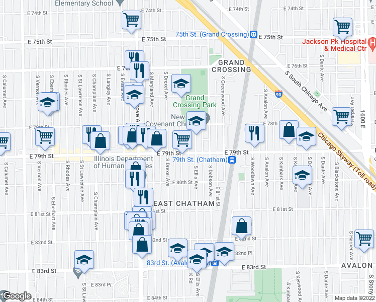 map of restaurants, bars, coffee shops, grocery stores, and more near 944 East 79th Street in Chicago