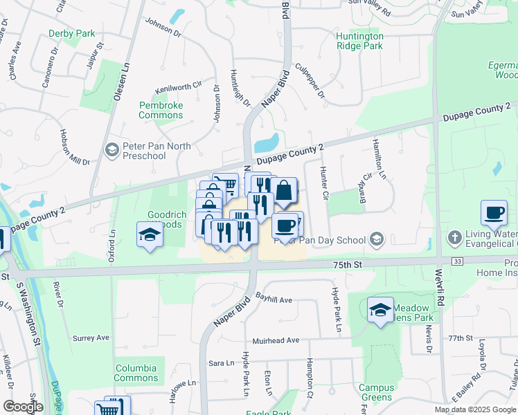 map of restaurants, bars, coffee shops, grocery stores, and more near 1212 South Naper Boulevard in Naperville