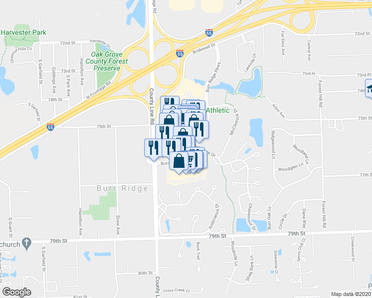 map of restaurants, bars, coffee shops, grocery stores, and more near 450 Village Center Drive in Burr Ridge