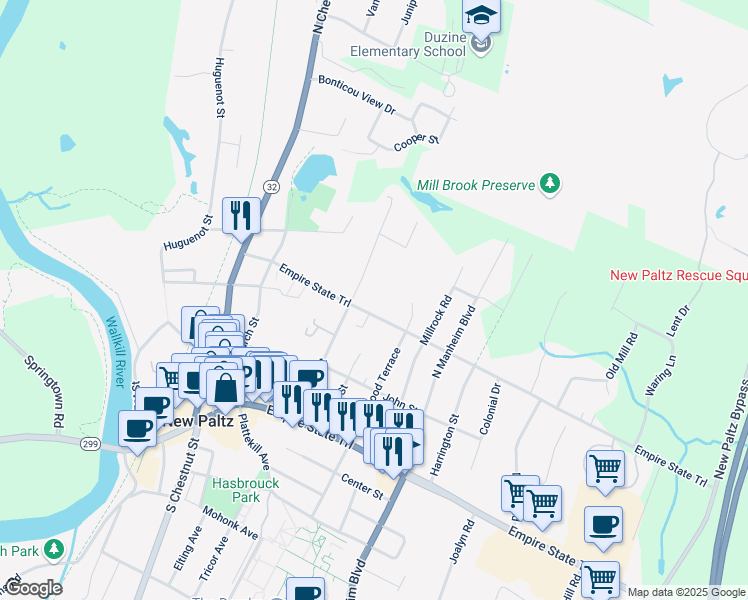 map of restaurants, bars, coffee shops, grocery stores, and more near 6 Henry W Dubois Drive in New Paltz