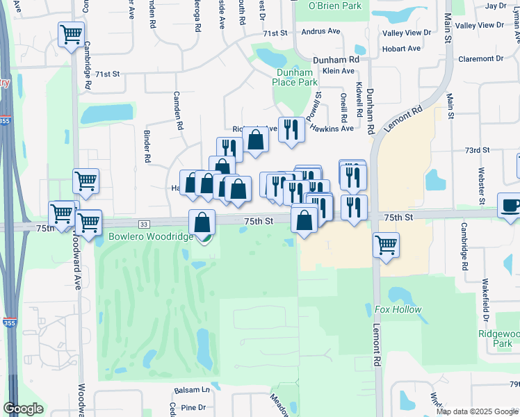map of restaurants, bars, coffee shops, grocery stores, and more near 1510F 75th Street in Downers Grove