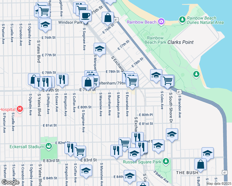map of restaurants, bars, coffee shops, grocery stores, and more near 7929 South Muskegon Avenue in Chicago