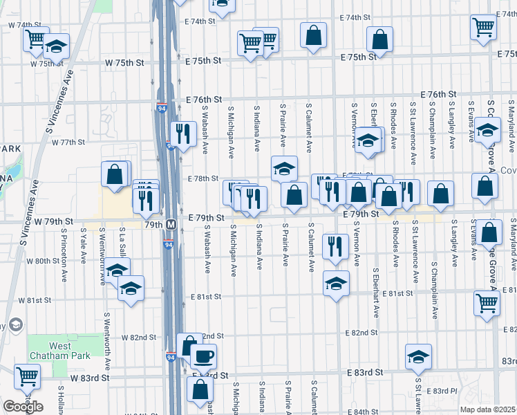 map of restaurants, bars, coffee shops, grocery stores, and more near 7851 South Indiana Avenue in Chicago