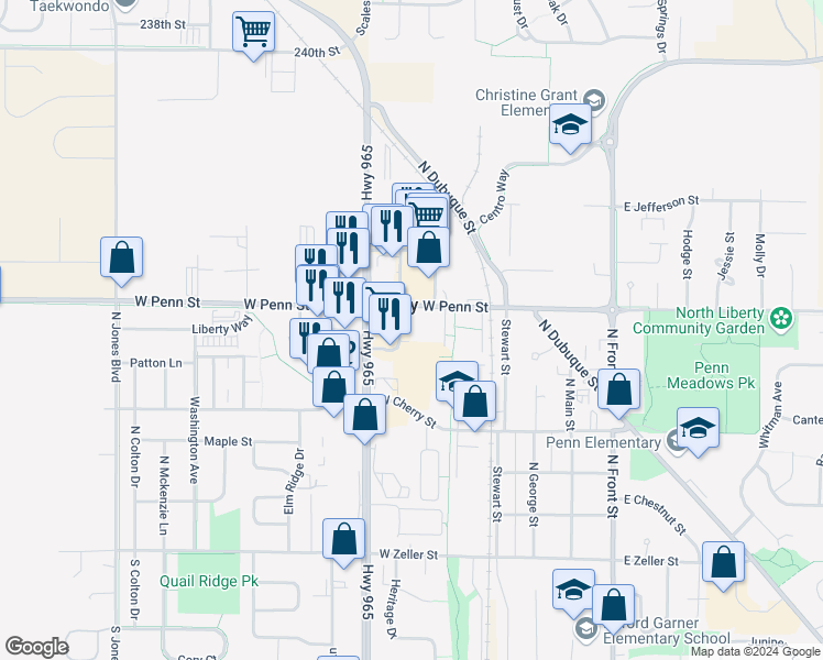 map of restaurants, bars, coffee shops, grocery stores, and more near 515 West Penn Street in North Liberty