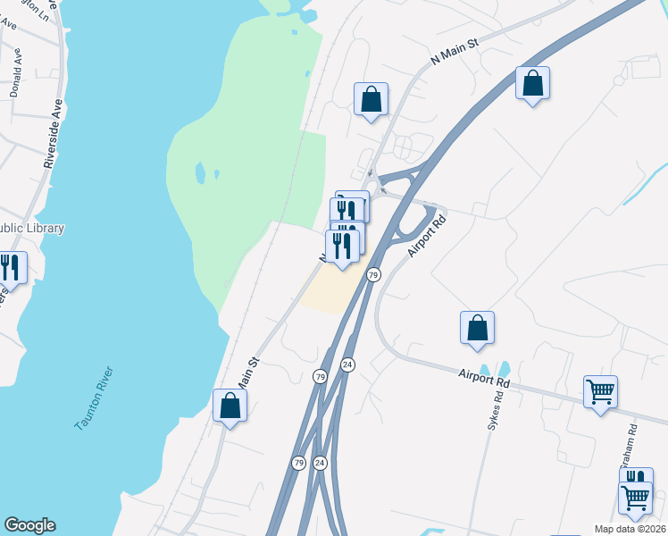 map of restaurants, bars, coffee shops, grocery stores, and more near 4077 North Main Street in Fall River
