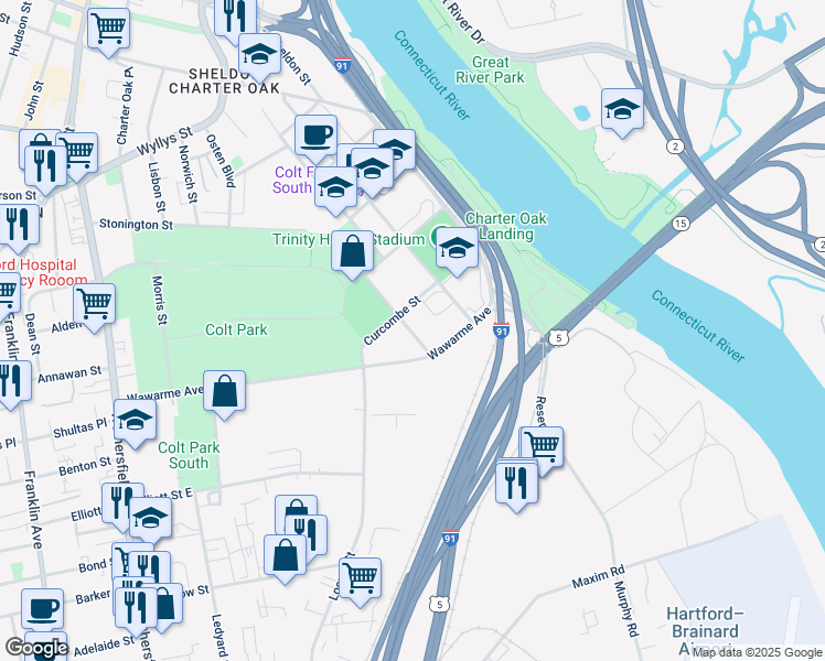 map of restaurants, bars, coffee shops, grocery stores, and more near in Hartford