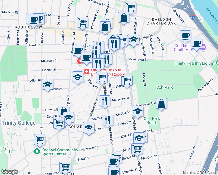 map of restaurants, bars, coffee shops, grocery stores, and more near 48 Dean Street in Hartford