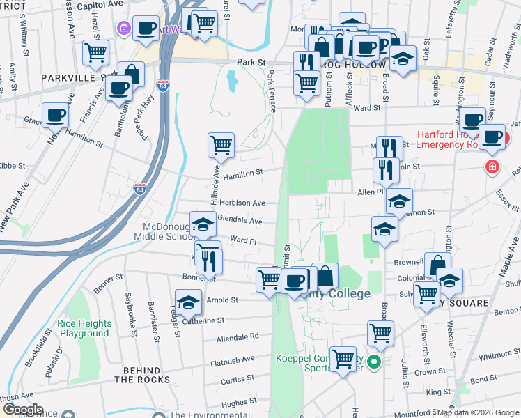 map of restaurants, bars, coffee shops, grocery stores, and more near 20 Glendale Avenue in Hartford