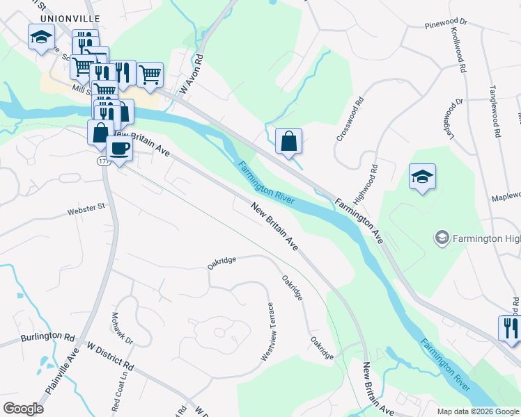 map of restaurants, bars, coffee shops, grocery stores, and more near 253 New Britain Avenue in Farmington