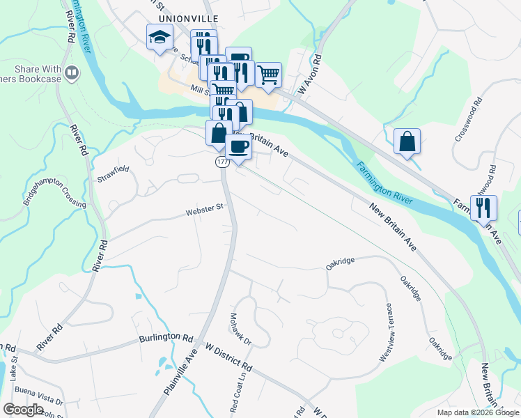 map of restaurants, bars, coffee shops, grocery stores, and more near 48 Forest Street in Farmington