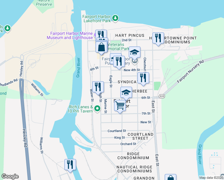 map of restaurants, bars, coffee shops, grocery stores, and more near 533 Eagle Street in Fairport Harbor
