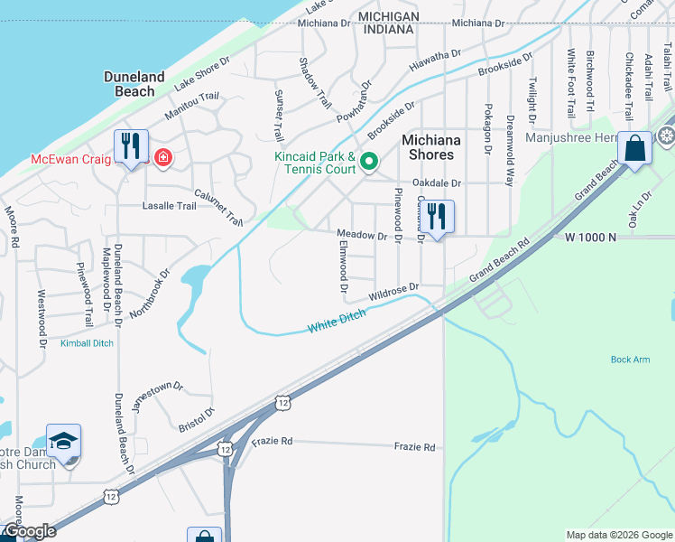 map of restaurants, bars, coffee shops, grocery stores, and more near 628-3005 Elmwood Drive in Michigan City
