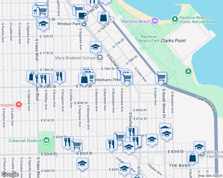 map of restaurants, bars, coffee shops, grocery stores, and more near 7929 South Muskegon Avenue in Chicago