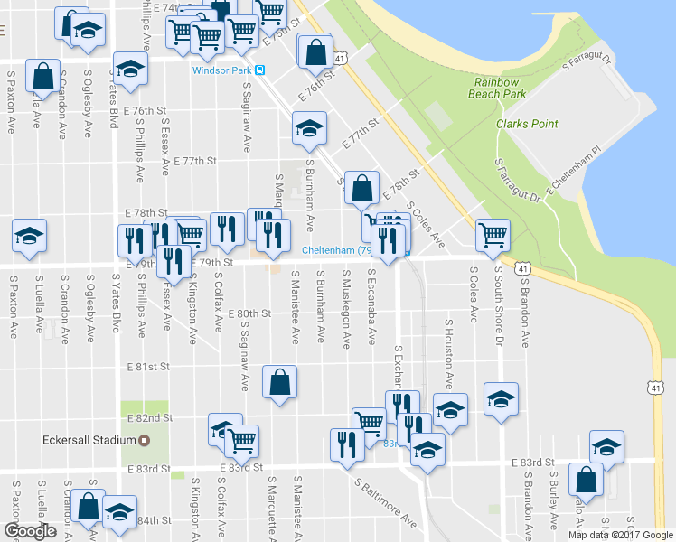 map of restaurants, bars, coffee shops, grocery stores, and more near 7929 South Muskegon Avenue in Chicago