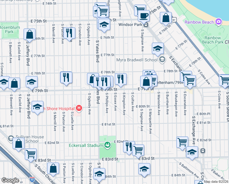 map of restaurants, bars, coffee shops, grocery stores, and more near 7906 South Essex Avenue in Chicago