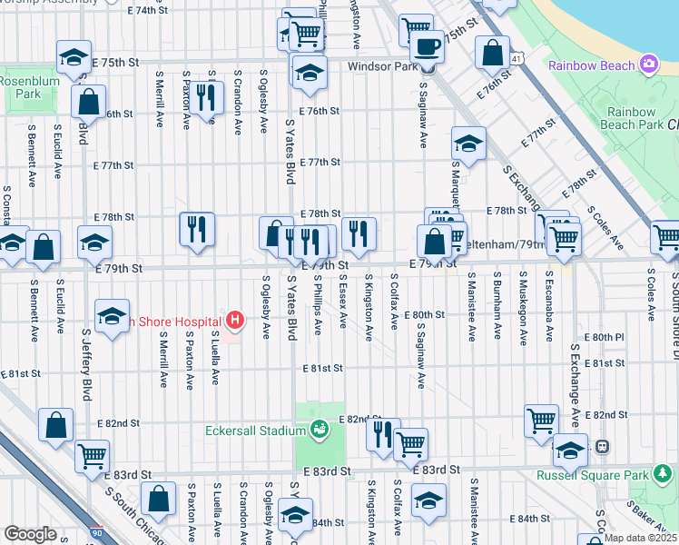 map of restaurants, bars, coffee shops, grocery stores, and more near 7924 South Essex Avenue in Chicago