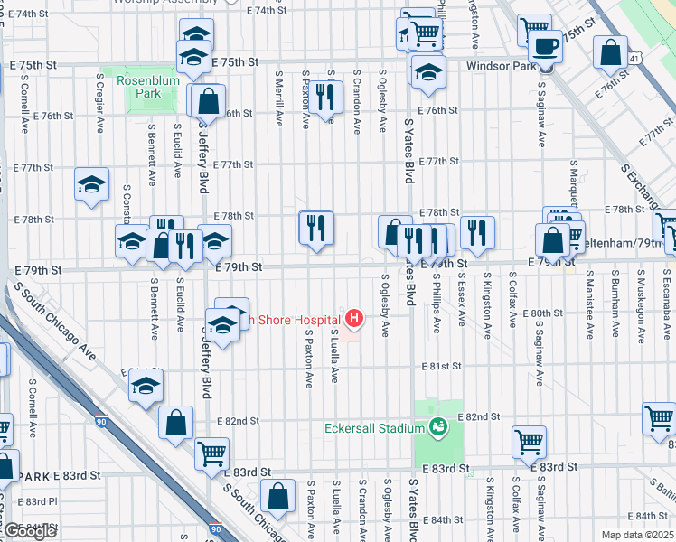 map of restaurants, bars, coffee shops, grocery stores, and more near 7918 South Luella Avenue in Chicago