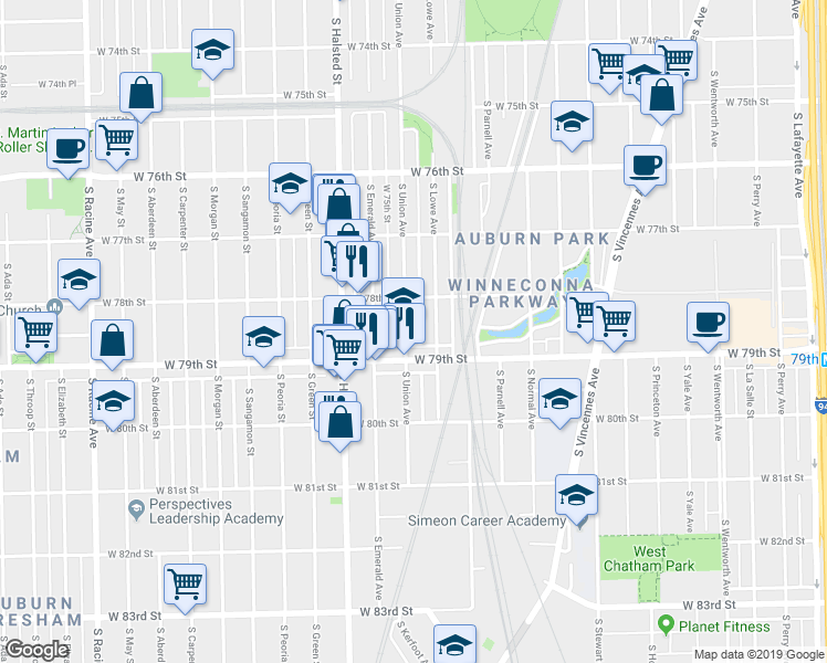 map of restaurants, bars, coffee shops, grocery stores, and more near 7848 South Union Avenue in Chicago