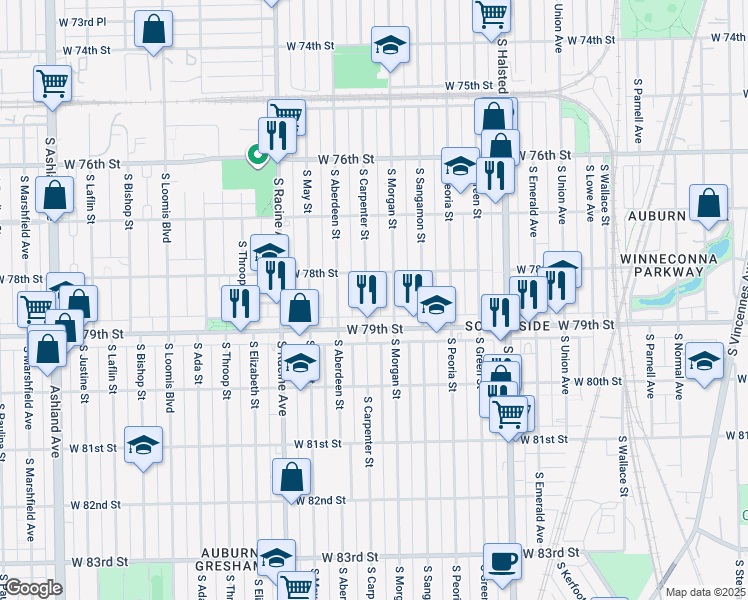 map of restaurants, bars, coffee shops, grocery stores, and more near 7844 South Morgan Street in Chicago