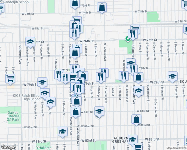 map of restaurants, bars, coffee shops, grocery stores, and more near 7841 South Bishop Street in Chicago