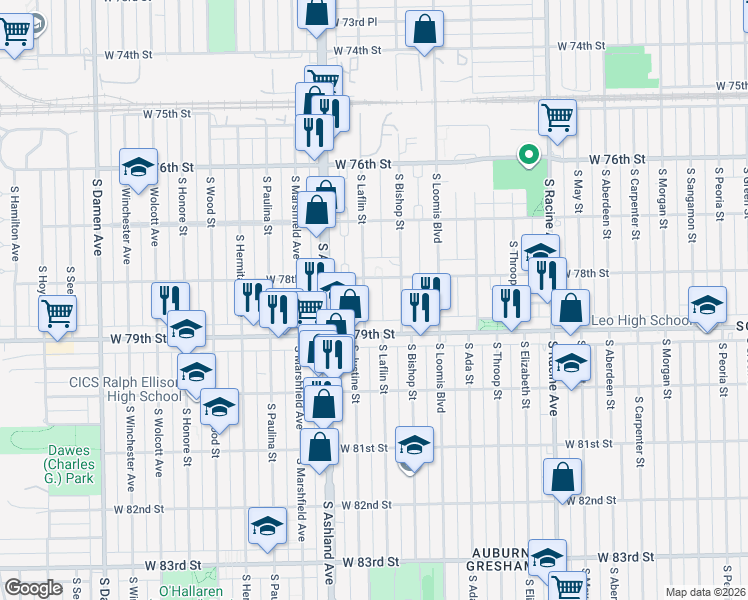 map of restaurants, bars, coffee shops, grocery stores, and more near 7843 South Laflin Street in Chicago