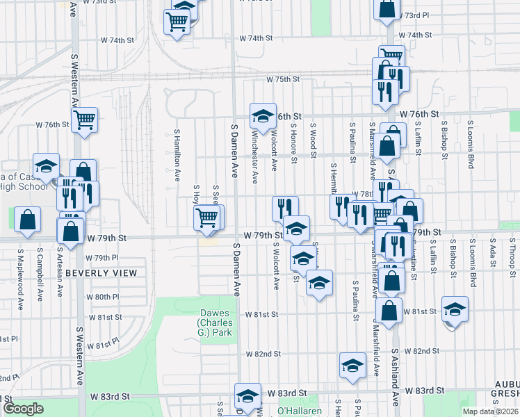map of restaurants, bars, coffee shops, grocery stores, and more near 7843 South Winchester Avenue in Chicago