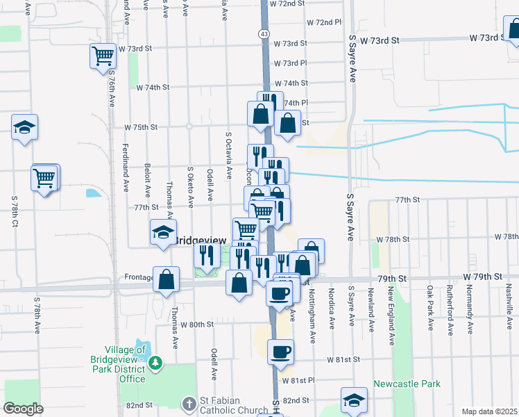 map of restaurants, bars, coffee shops, grocery stores, and more near 7730 South Harlem Avenue in Bridgeview