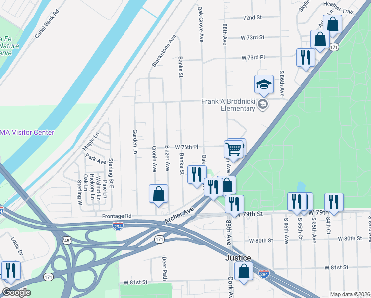 map of restaurants, bars, coffee shops, grocery stores, and more near 7650 Banks Street in Justice