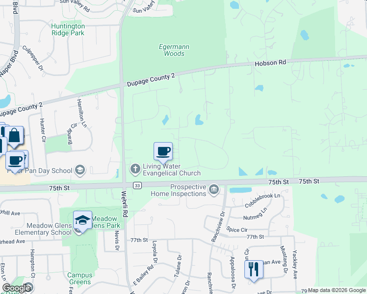 map of restaurants, bars, coffee shops, grocery stores, and more near 8S280 Blackthorne Lane in Naperville