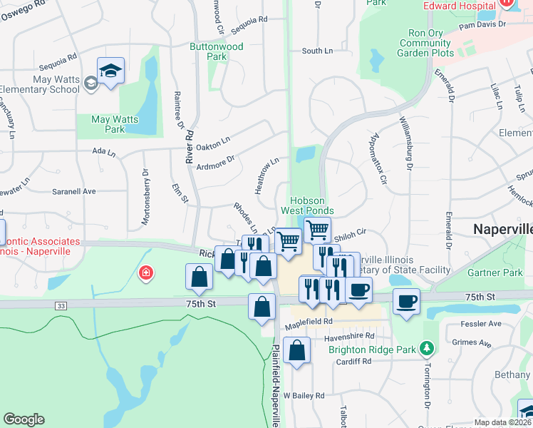 map of restaurants, bars, coffee shops, grocery stores, and more near 1215 Rhodes Lane in Naperville