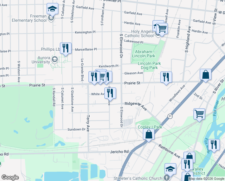 map of restaurants, bars, coffee shops, grocery stores, and more near 524 Hartford Avenue in Aurora