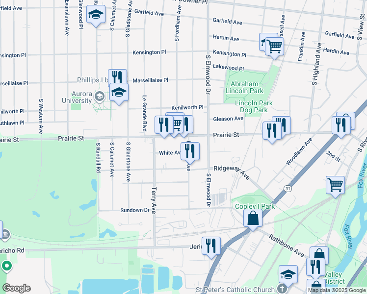 map of restaurants, bars, coffee shops, grocery stores, and more near 1114 White Avenue in Aurora