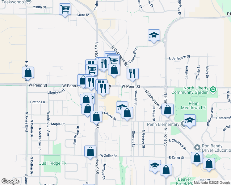 map of restaurants, bars, coffee shops, grocery stores, and more near 60 Penn Oaks Drive in North Liberty